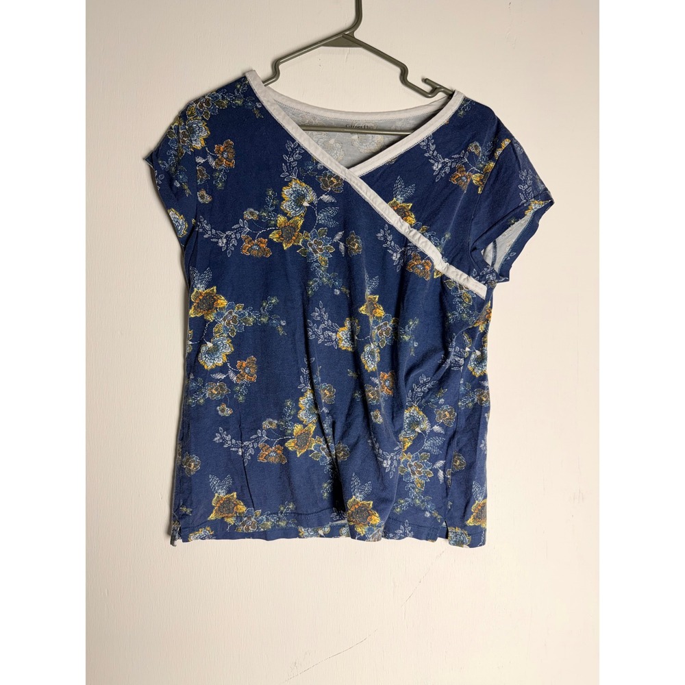 Garnet Hill Green Cotton Floral Wrap Top Navy Blue V-Neck Short Sleeve Small